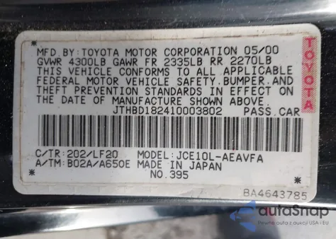 2001 Lexus Is 300 z USA, uszkodzony, nr VIN JTHBD182410003802